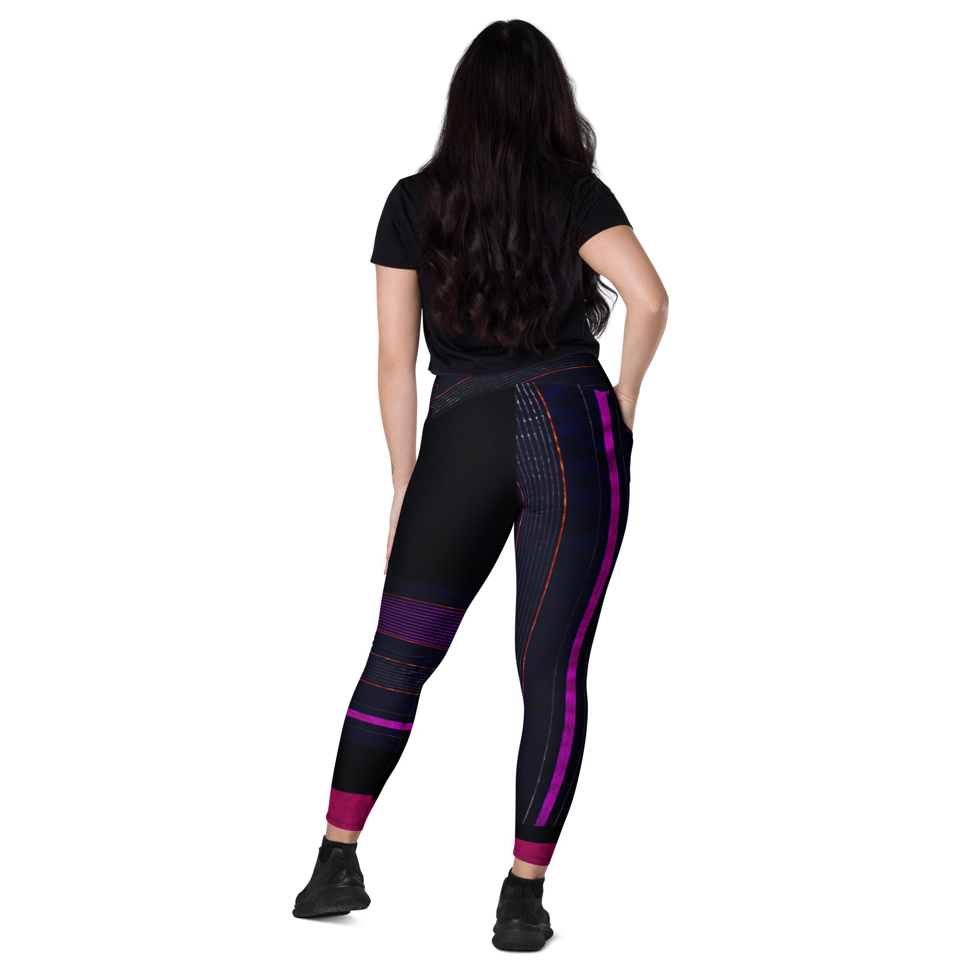 Black Gym Leggings with Pockets. Purple Pin Stripes Dance Leggings. Crossover Waist Yoga Pants. "Peppermint" by WickedYo.